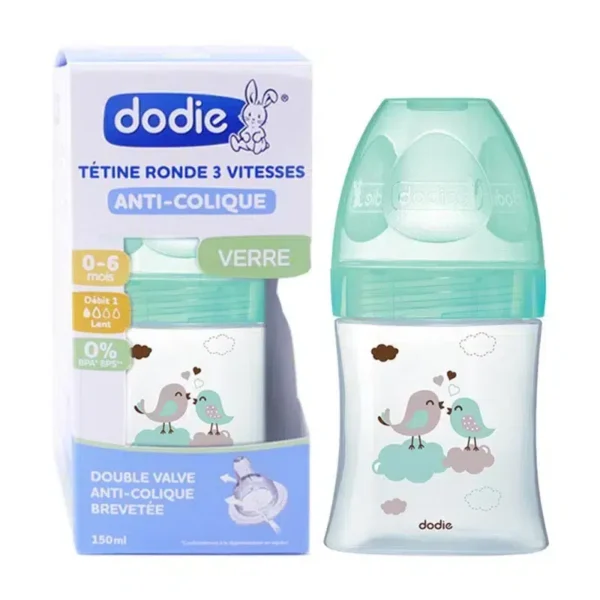 DODIE BIBERON INITIATION+ VERRE OISEAU VERT 0 À 6 MOIS DÉBIT 1 ANTI COLIQUE 150 ML
