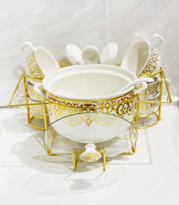 Ensemble Service 15 Pieces en Porcelaine avec Support Blanc Dore