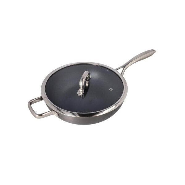 Wok profond en aluminium avec poignée en boucle couvercle en verre 28cm